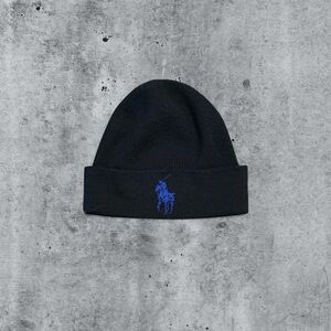 Vintage Polo Ralph Lauren Black / Blue Knit Beanie Winter Hat Merino Wool Preppy